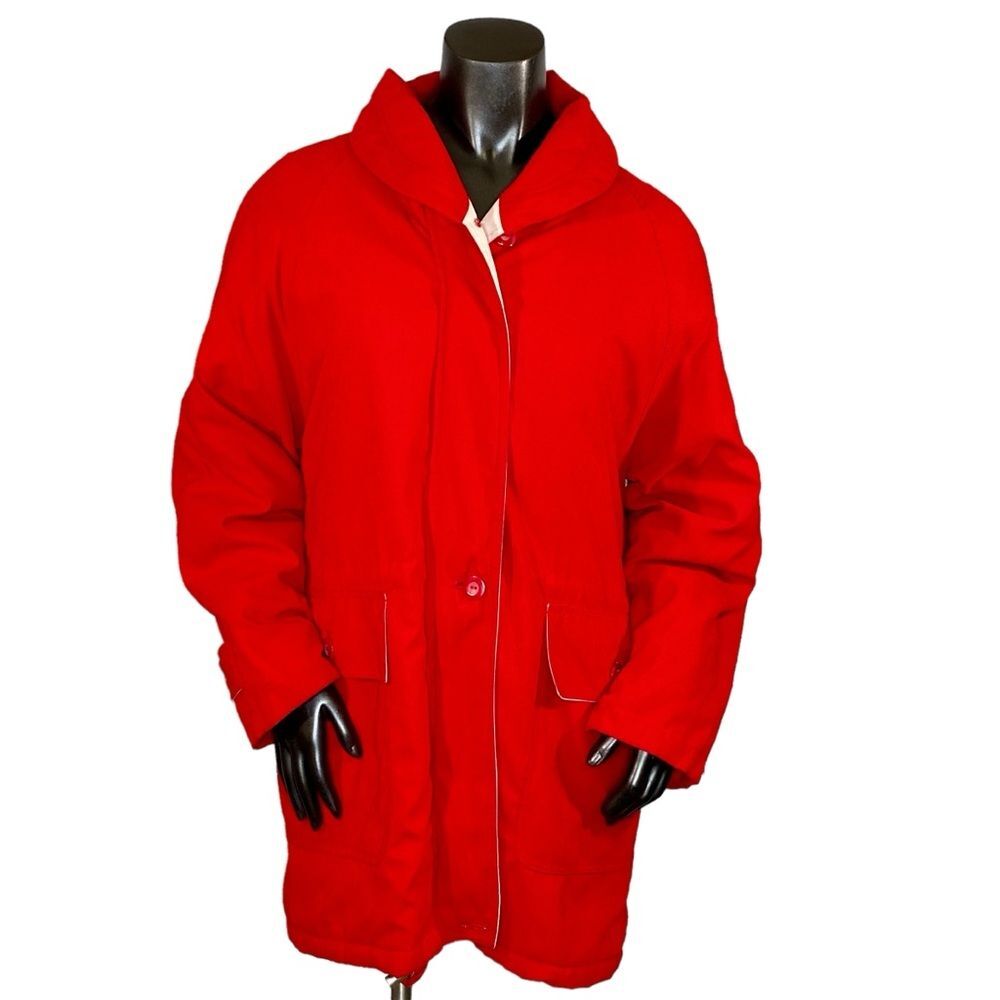 London Fog Winter Coat Faux Fur Hood Anorak Zip Up Red Snap Button Pockets SZ M